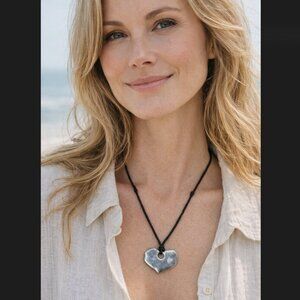 J. Jill Heart Necklace Silver Tone Hammered Pendant Black Cord Adjustable Rustic